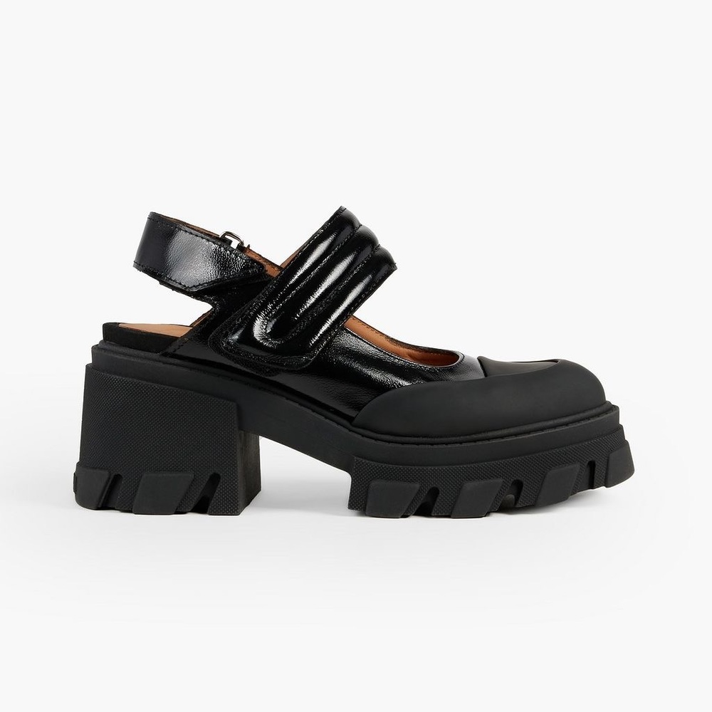 GANNI Glossed textured-leather platform slingback pumps EU35